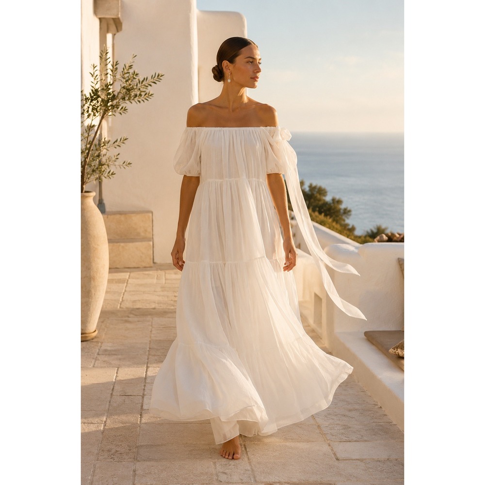 Moré Noir Joanne Silk Cotton Maxi Dress M Off Shoulder Tiered Resort Ivory